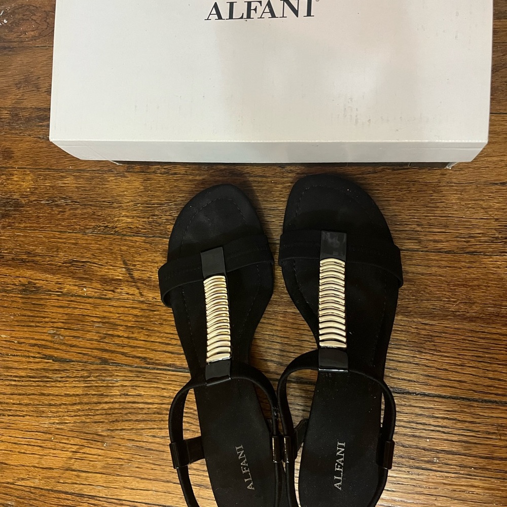 Alfani Vacay Black Low Wedge Sandal Gold Hardware